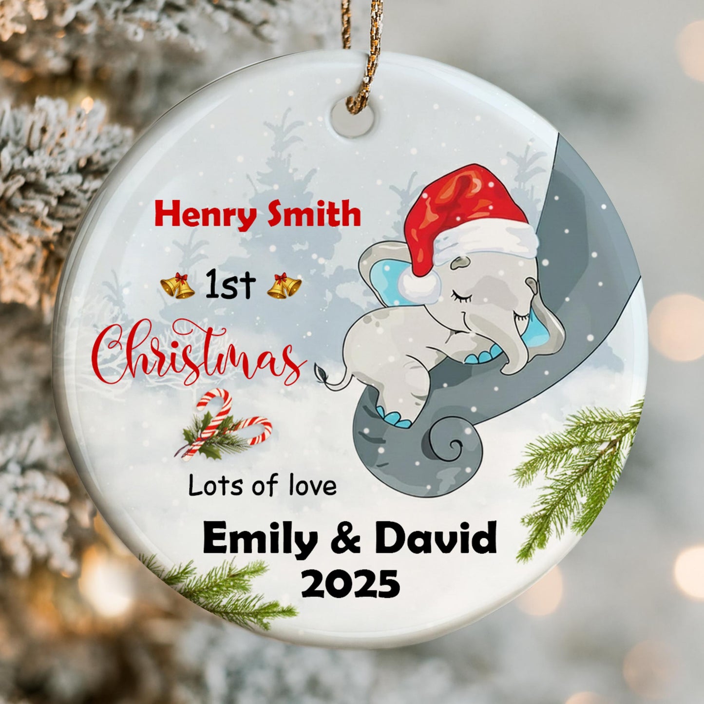 1st Christmas, Lots of Love, Elephant With Santa Hat