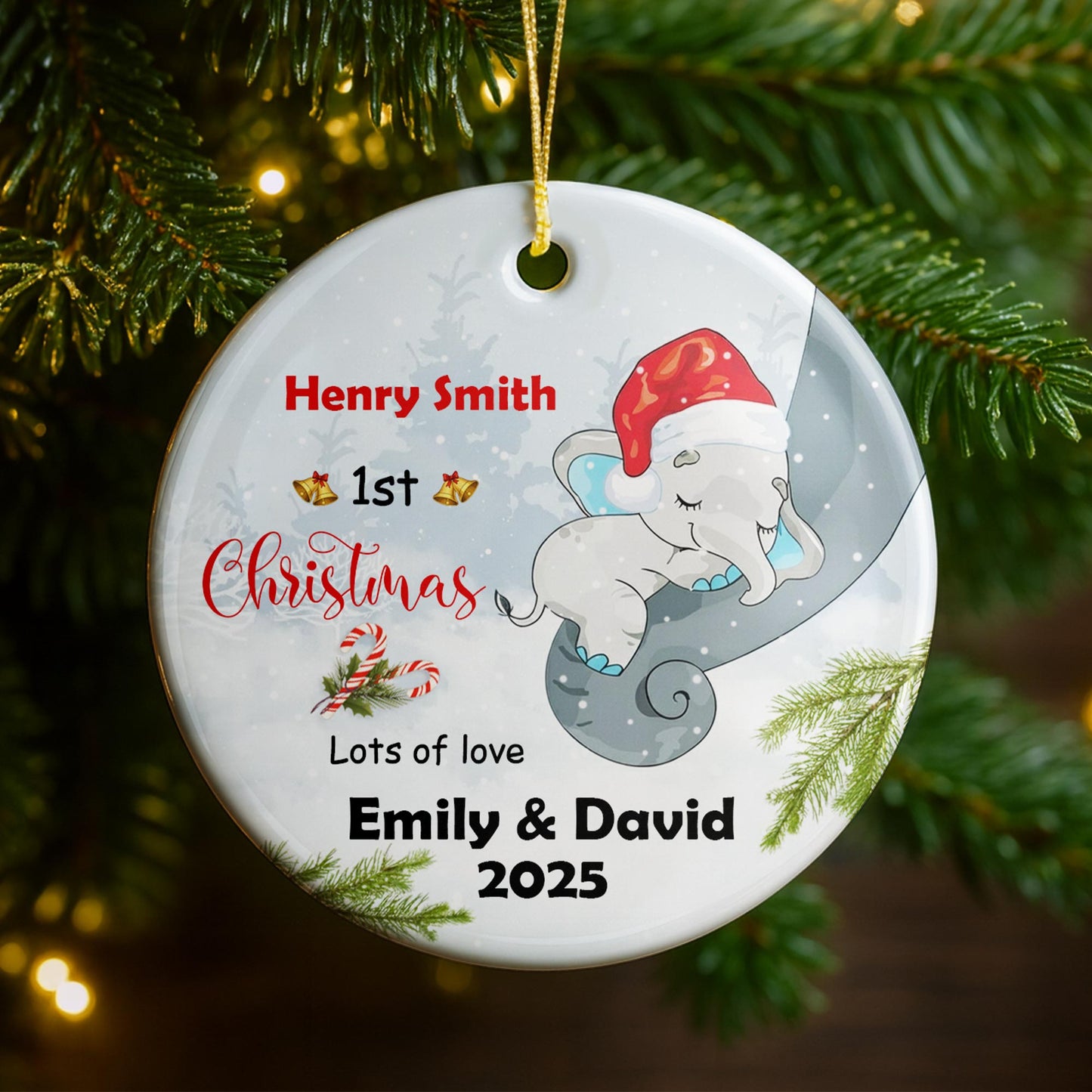 1st Christmas, Lots of Love, Elephant With Santa Hat