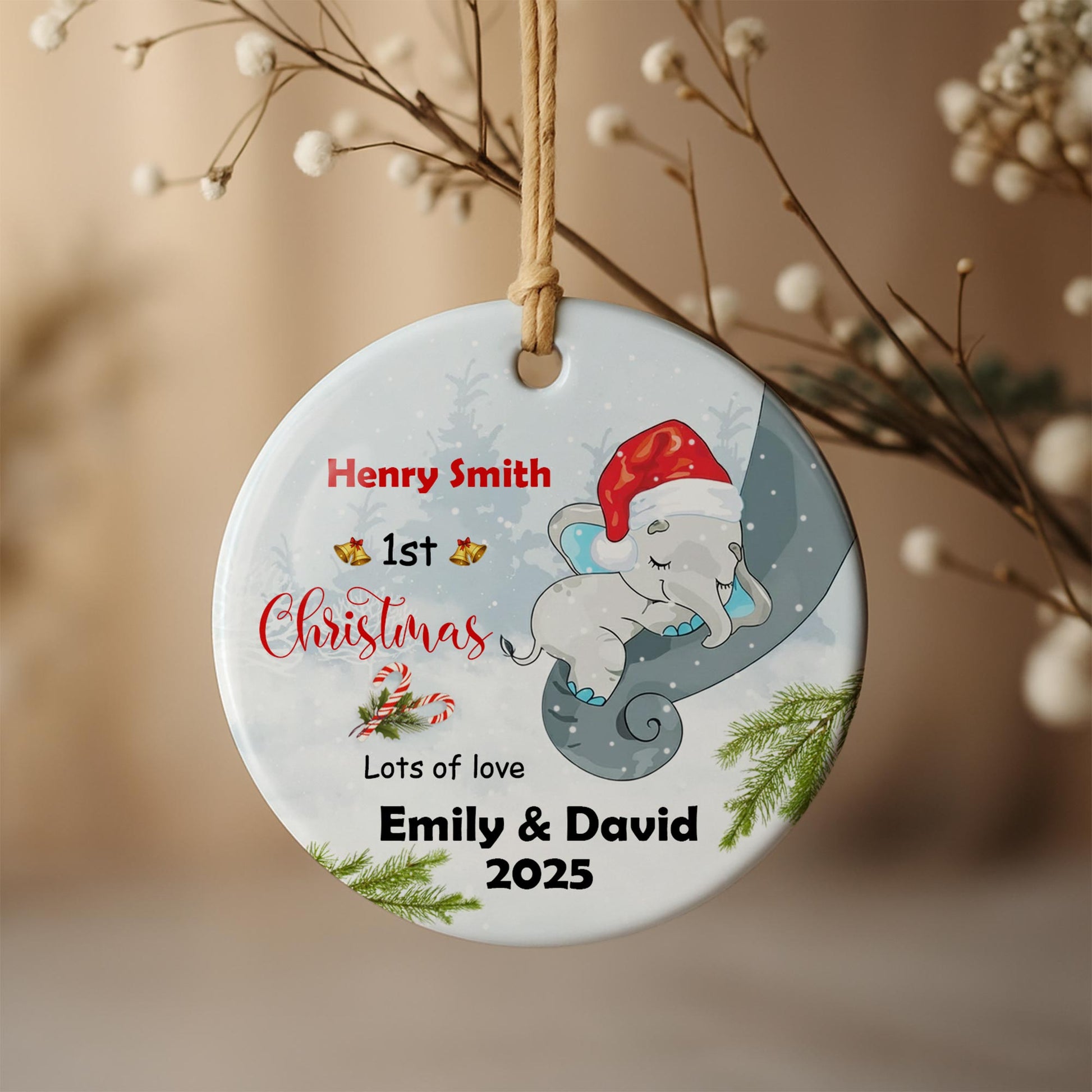 1st Christmas, Lots of Love, Elephant With Santa Hat