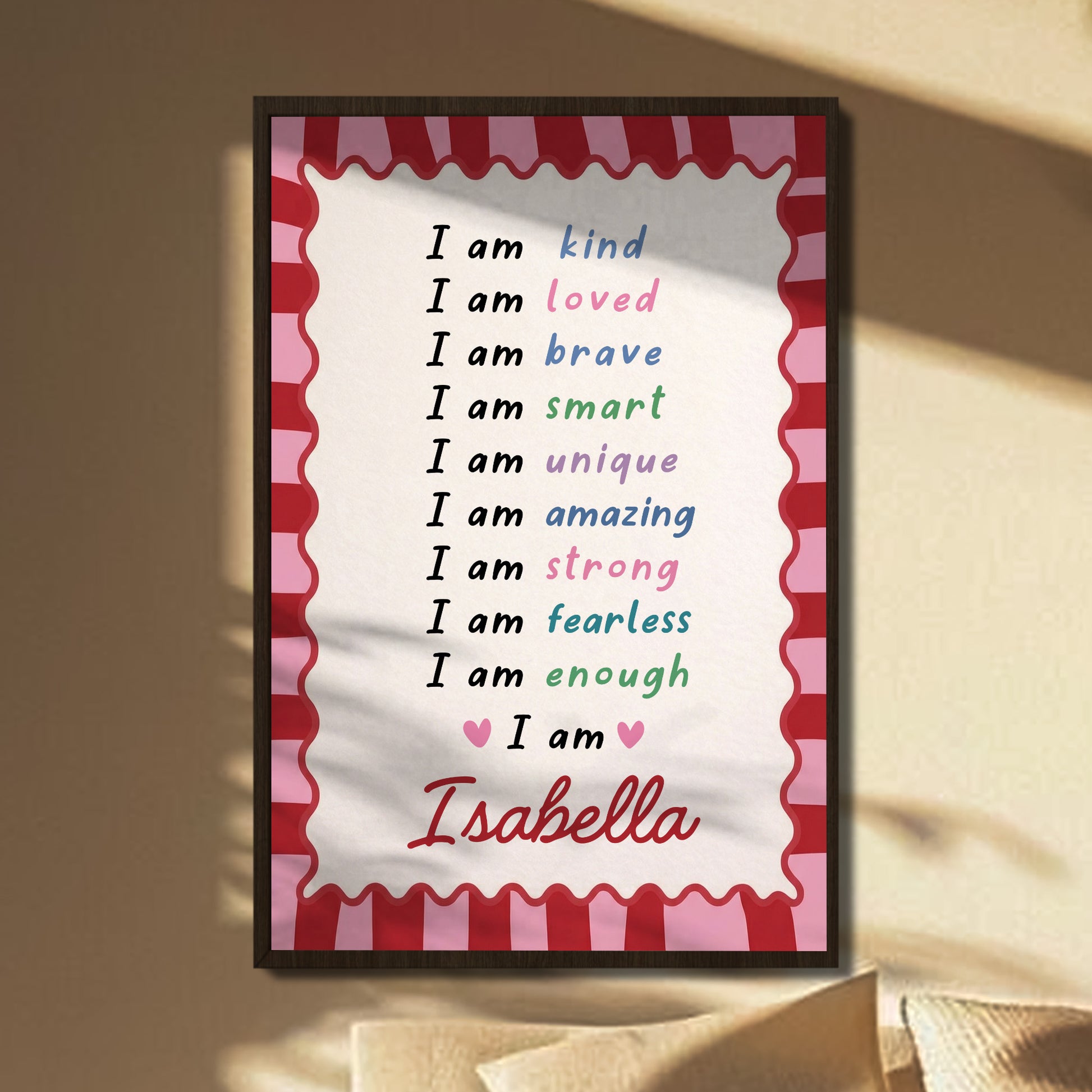 I Am Kind Loved Brave Affirmations With Hearts And Pink Stripes