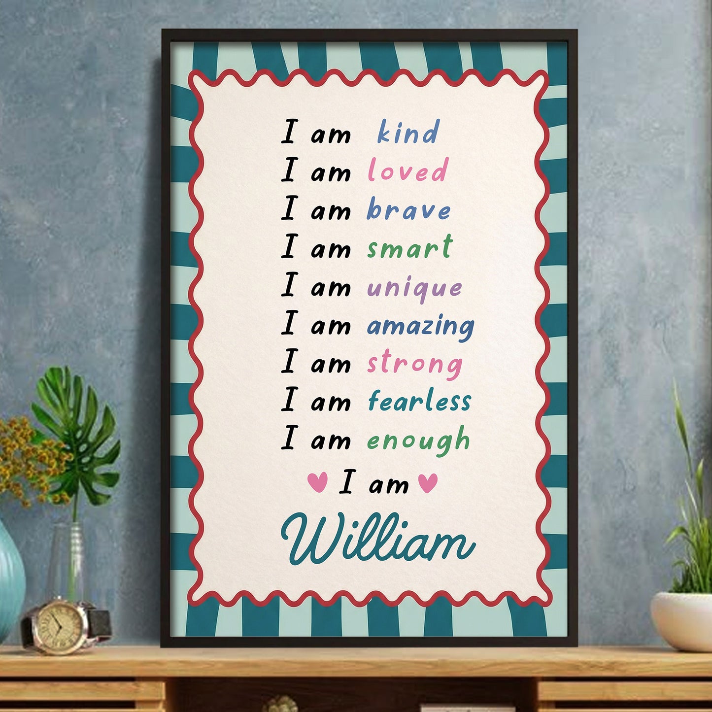 I Am Kind Loved Brave Affirmations With Hearts And Pink Stripes