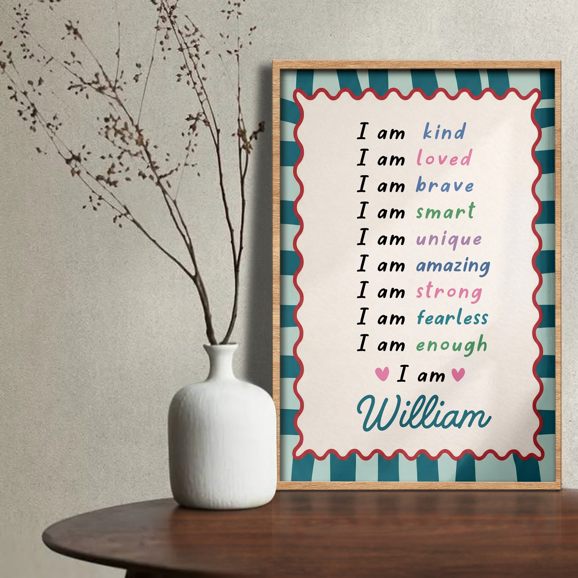 I Am Kind Loved Brave Affirmations With Hearts And Pink Stripes