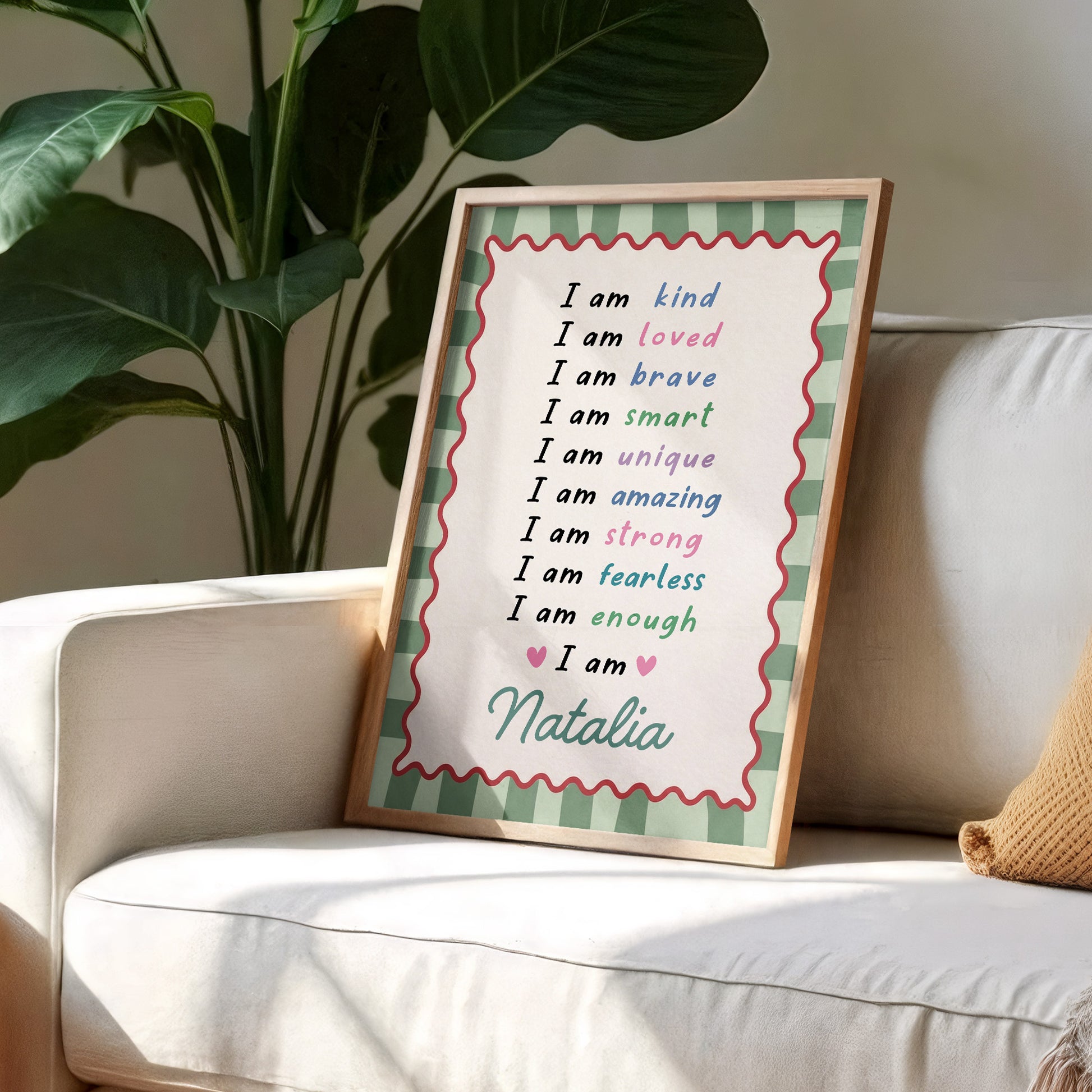 I Am Kind Loved Brave Affirmations With Hearts And Pink Stripes