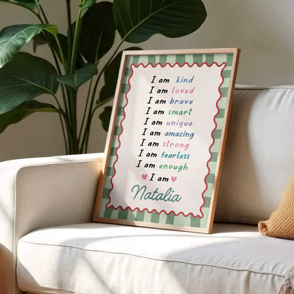 I Am Kind Loved Brave Affirmations With Hearts And Pink Stripes