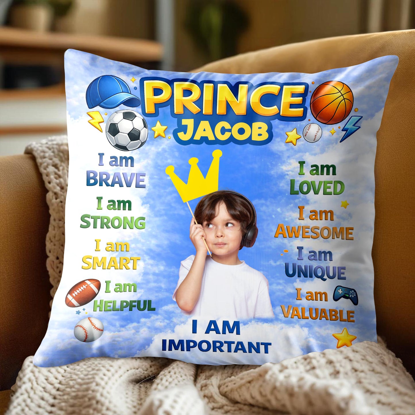 Prince I Am Brave Strong Smart Helpful Affirmations With Sports Balls And Crown