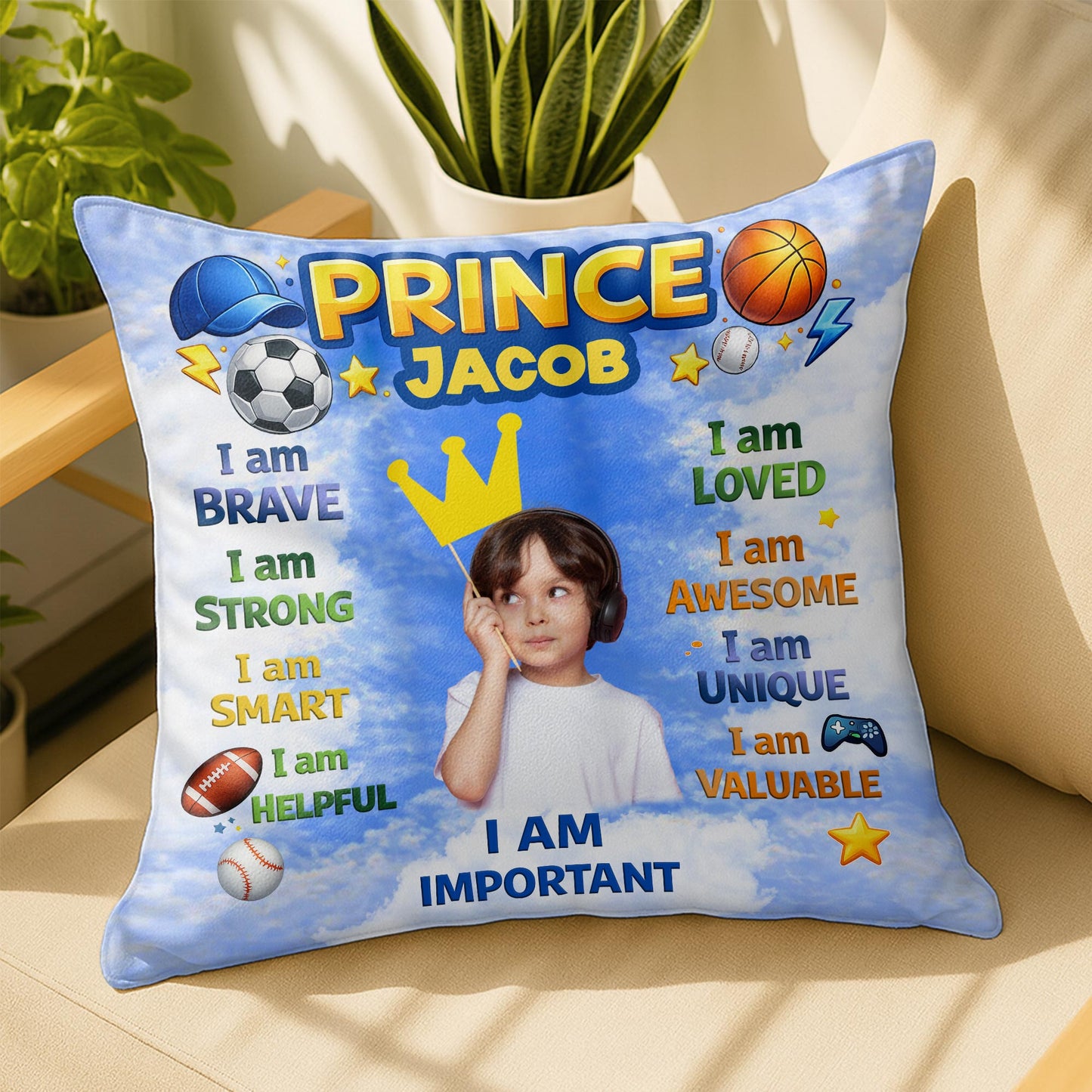 Prince I Am Brave Strong Smart Helpful Affirmations With Sports Balls And Crown