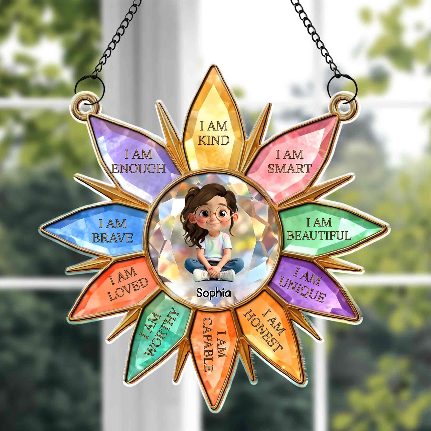 I Am Kind Smart Beautiful Unique Flower Petals Girl Affirmation - Personalized Custom Suncatcher - KID575_CSUN
