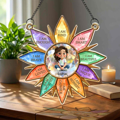 I Am Kind Smart Beautiful Unique Flower Petals Girl Affirmation - Personalized Custom Suncatcher - KID575_CSUN
