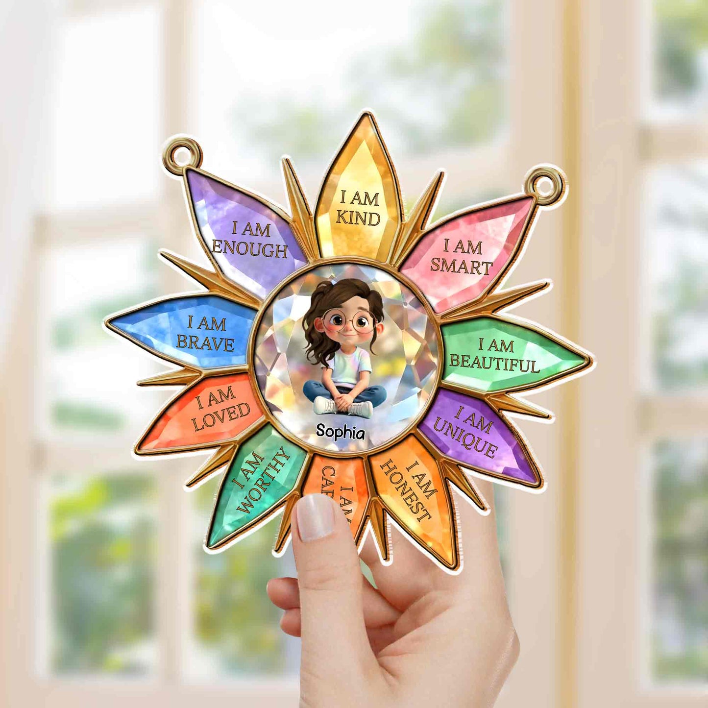 I Am Kind Smart Beautiful Unique Flower Petals Girl Affirmation - Personalized Custom Suncatcher - KID575_CSUN