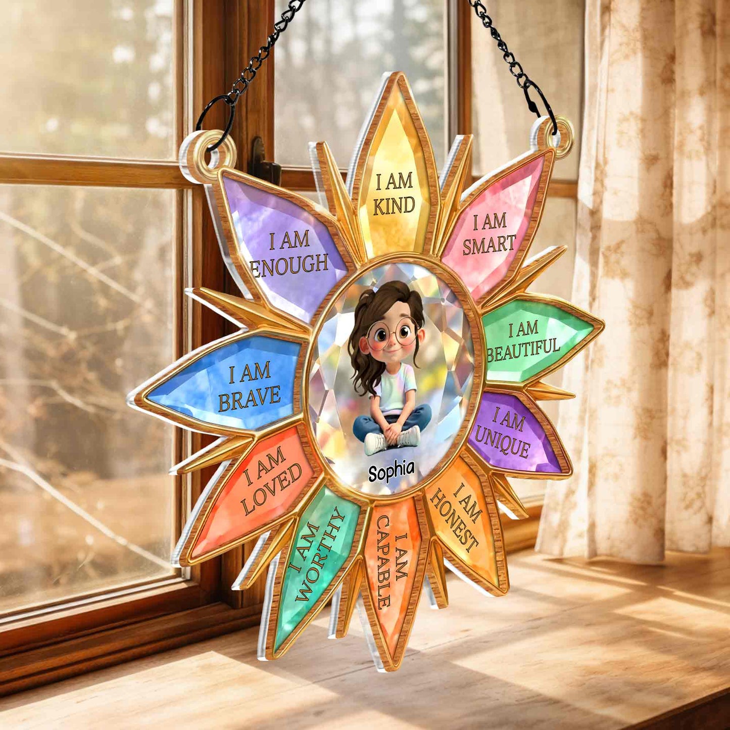 I Am Kind Smart Beautiful Unique Flower Petals Girl Affirmation - Personalized Custom Suncatcher - KID575_CSUN
