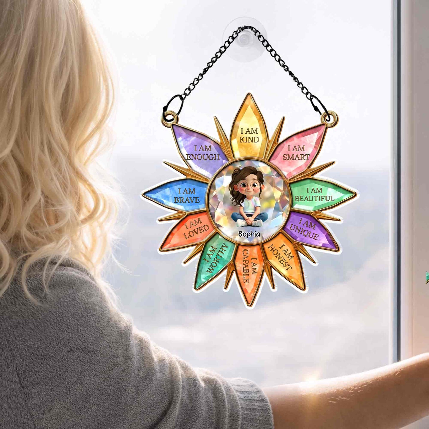 I Am Kind Smart Beautiful Unique Flower Petals Girl Affirmation - Personalized Custom Suncatcher - KID575_CSUN