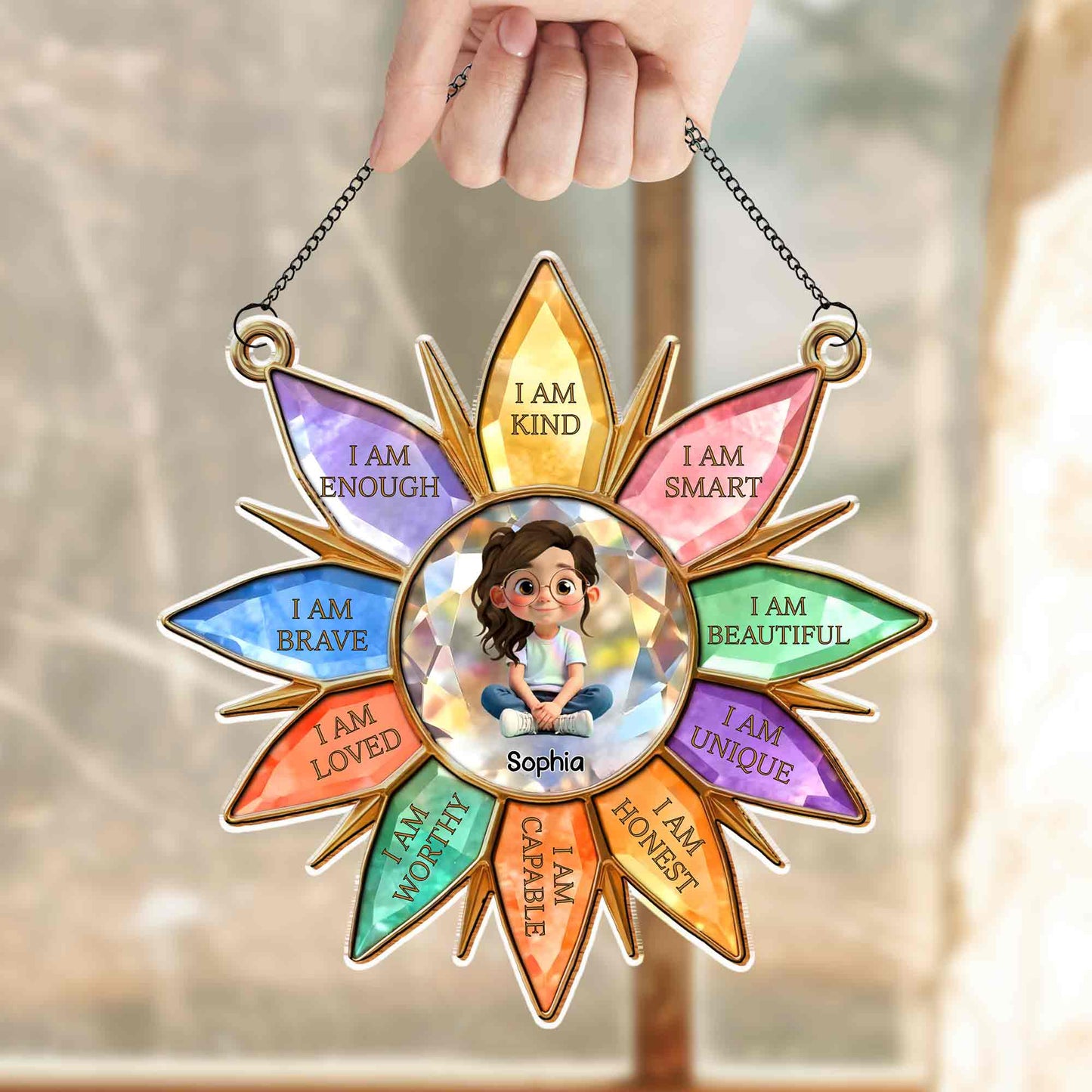 I Am Kind Smart Beautiful Unique Flower Petals Girl Affirmation - Personalized Custom Suncatcher - KID575_CSUN