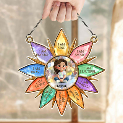 I Am Kind Smart Beautiful Unique Flower Petals Girl Affirmation - Personalized Custom Suncatcher - KID575_CSUN