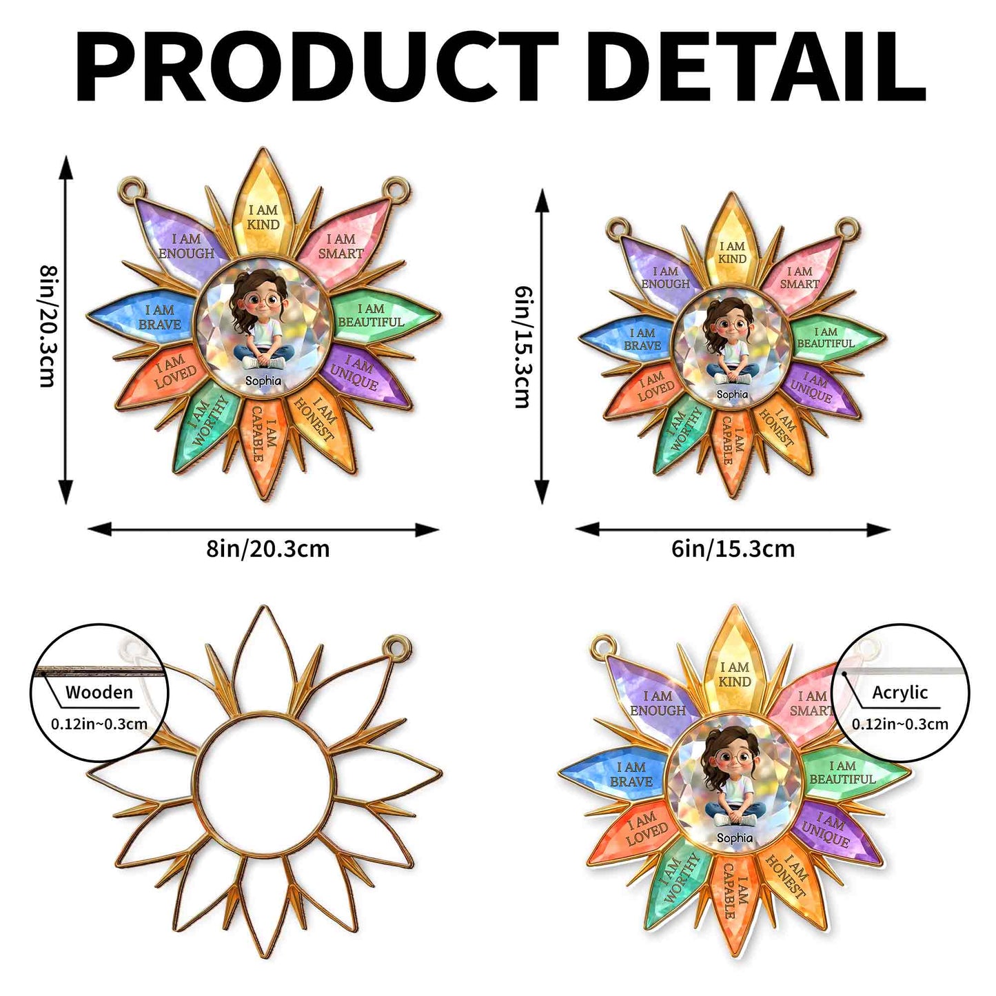 I Am Kind Smart Beautiful Unique Flower Petals Girl Affirmation - Personalized Custom Suncatcher - KID575_CSUN