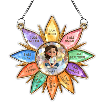I Am Kind Smart Beautiful Unique Flower Petals Girl Affirmation - Personalized Custom Suncatcher - KID575_CSUN
