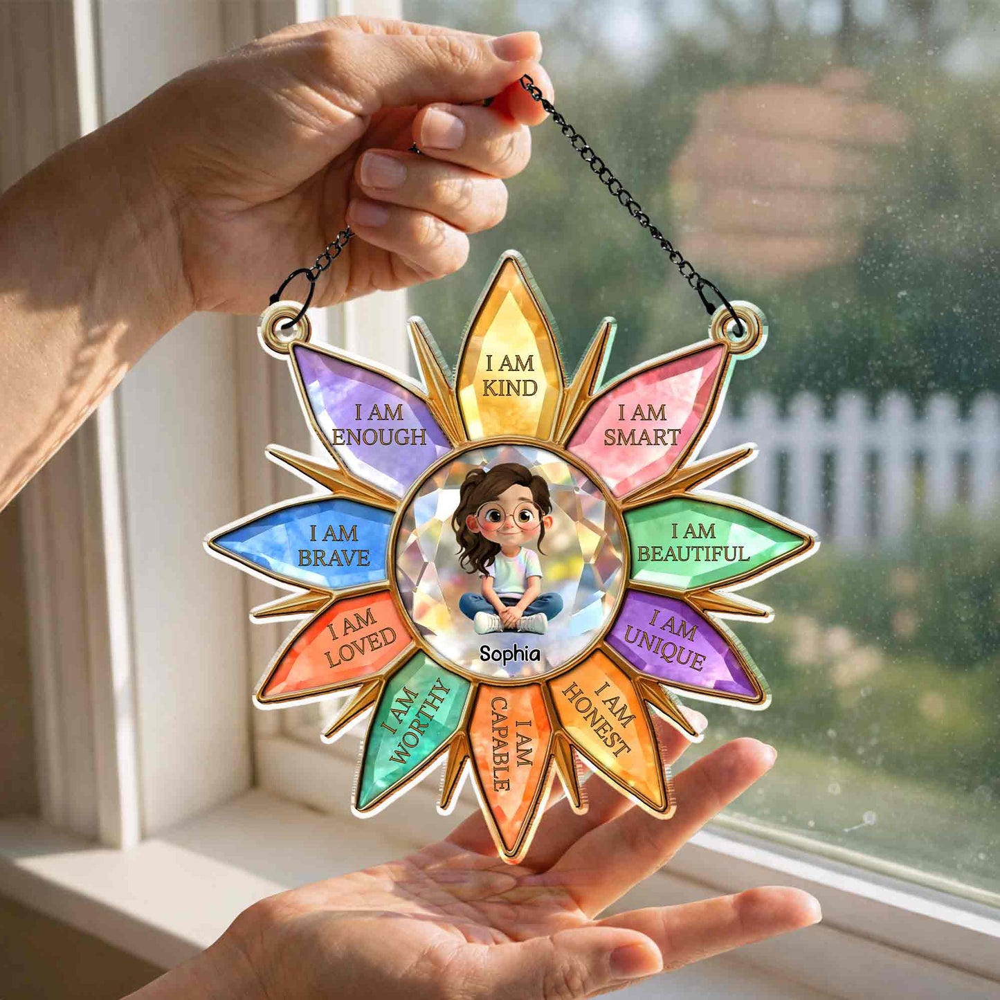I Am Kind Smart Beautiful Unique Flower Petals Girl Affirmation - Personalized Custom Suncatcher - KID575_CSUN