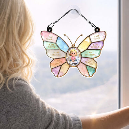 I Am Smart Brave Enough Butterfly Positive Affirmations For Little Girl - Personalized Custom Suncatcher - KID578_CSUN