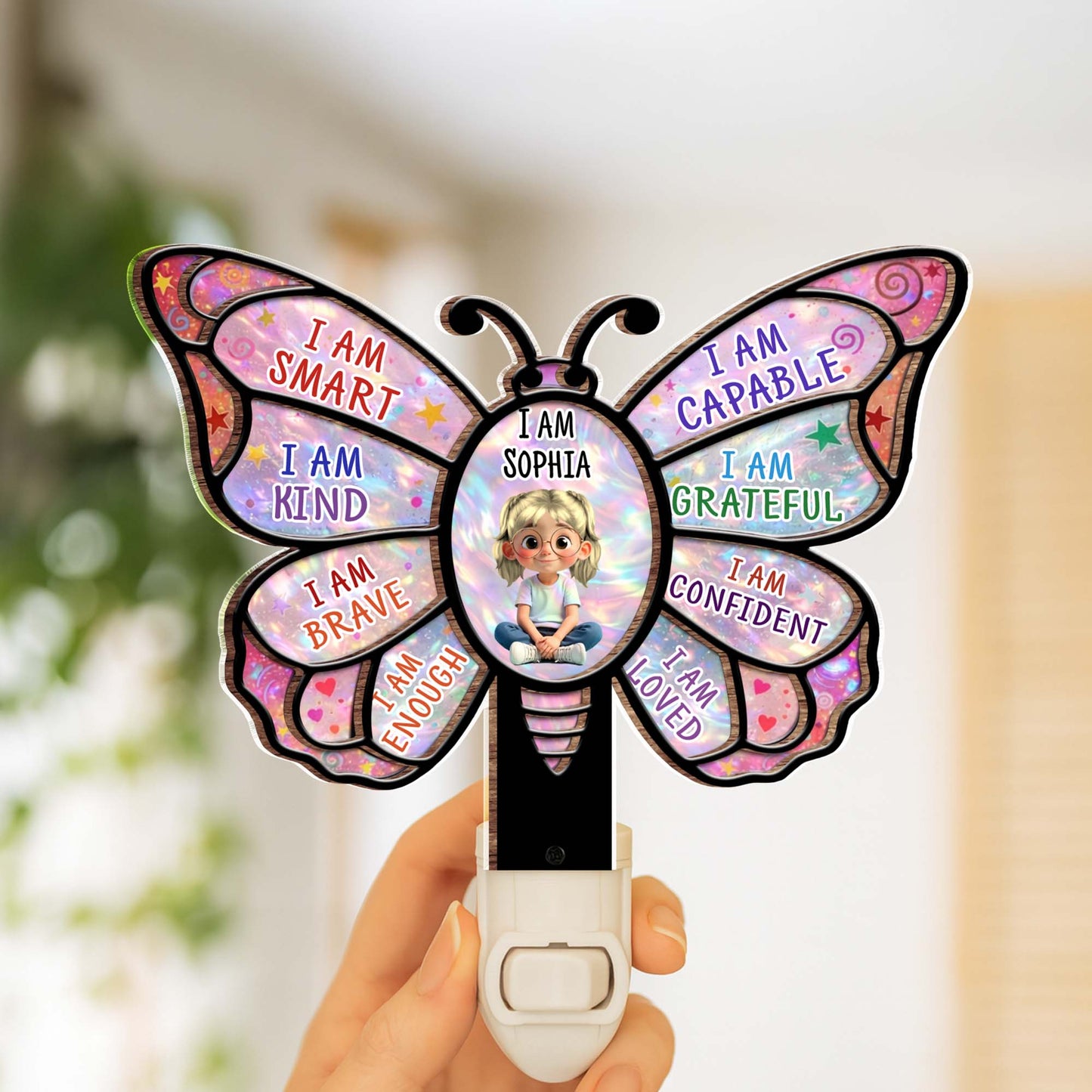 I Am Smart Affirmations Butterfly With Girl Clipart - Personalized Custom Wood and Acrylic Night Light - KID579_WANILI