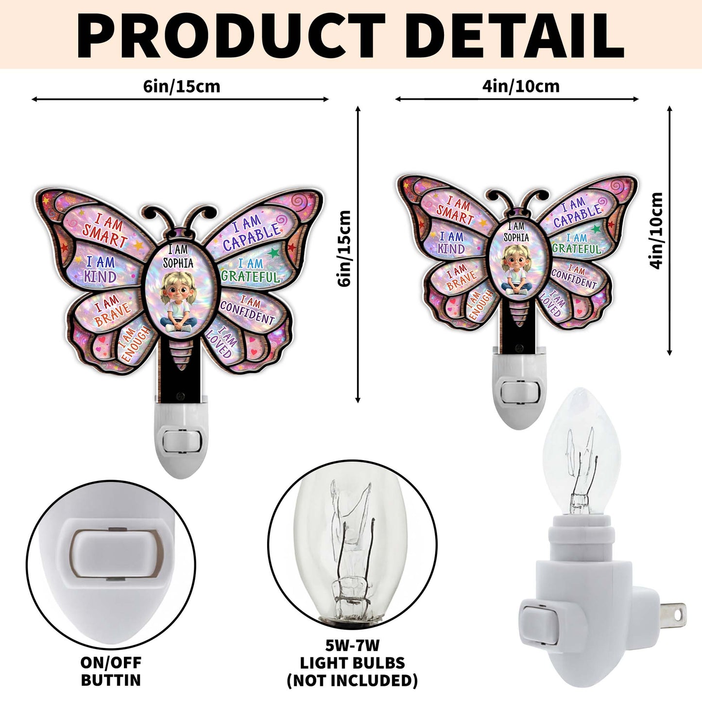 I Am Smart Affirmations Butterfly With Girl Clipart - Personalized Custom Wood and Acrylic Night Light - KID579_WANILI
