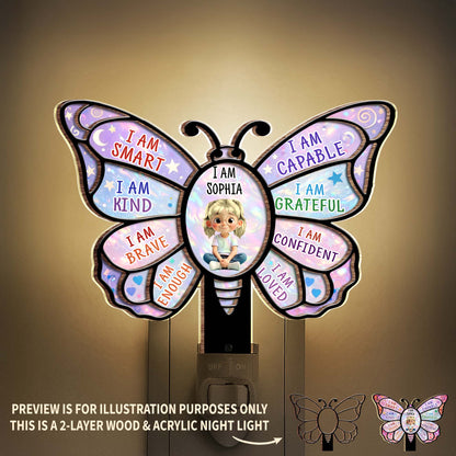 I Am Smart Affirmations Butterfly With Girl Clipart - Personalized Custom Wood and Acrylic Night Light - KID579_WANILI