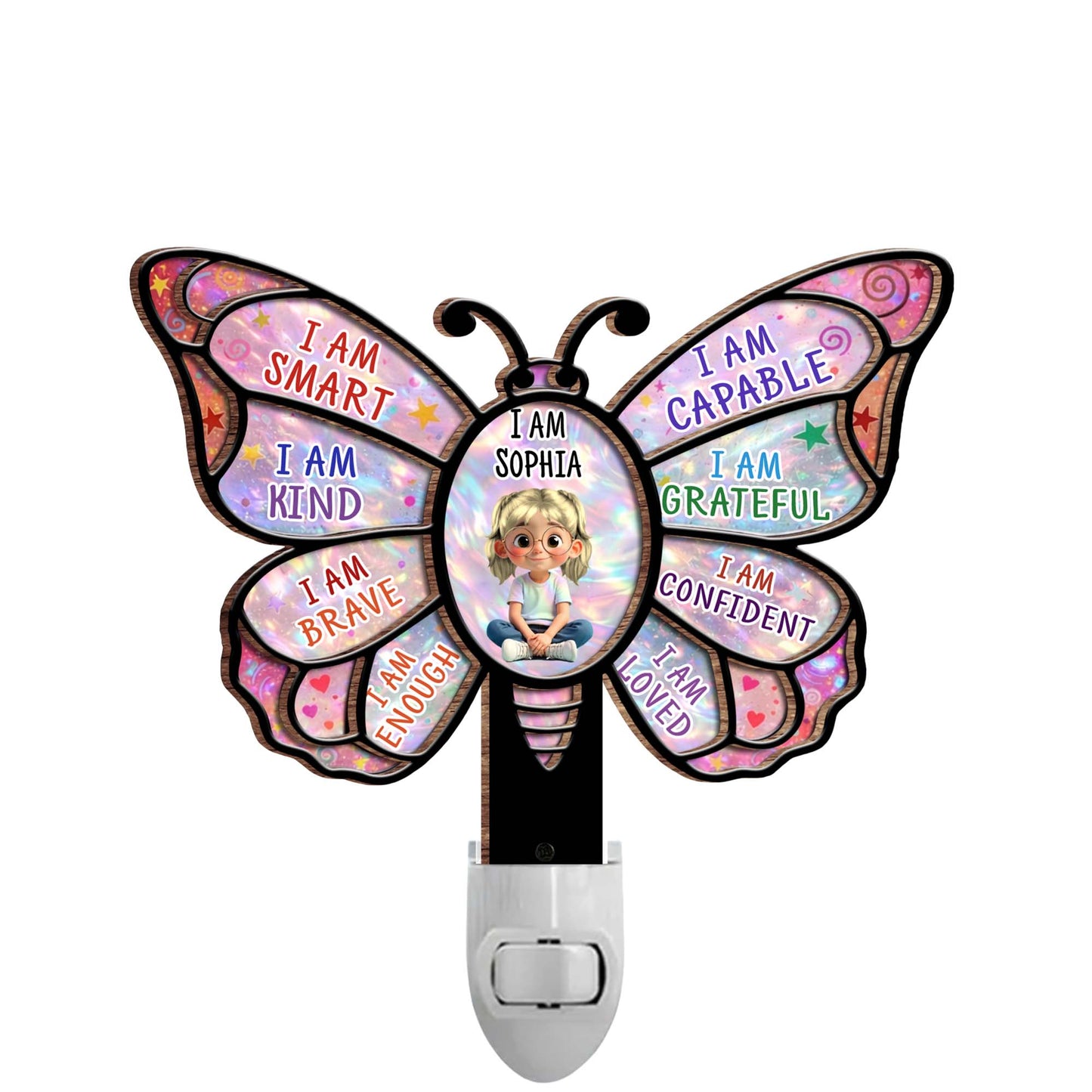 I Am Smart Affirmations Butterfly With Girl Clipart - Personalized Custom Wood and Acrylic Night Light - KID579_WANILI