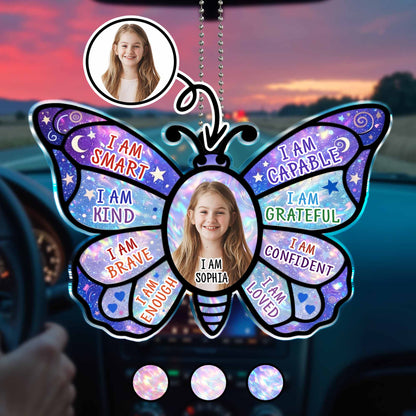 I Am Smart Kind Brave Butterfly Affirmations With Custom Photo - Personalized Custom Acrylic Ornament, Car Hanging Ornament - KID580_ACA