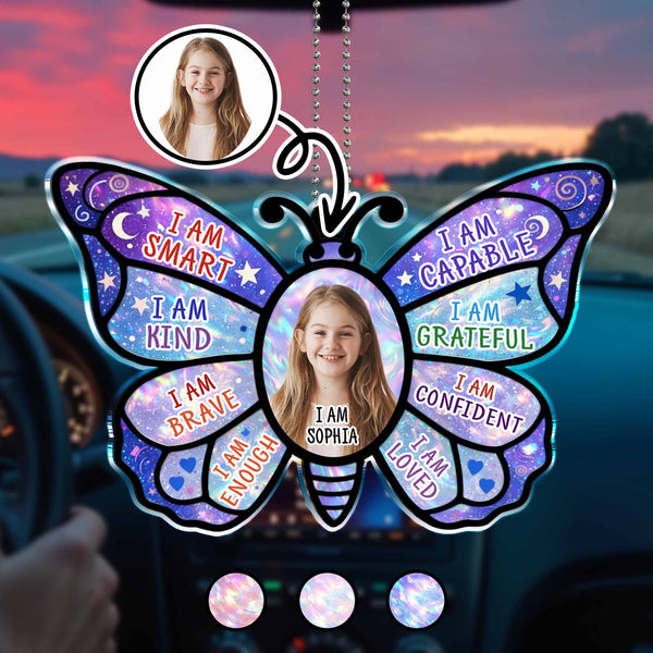 I Am Smart Kind Brave Butterfly Affirmations With Custom Photo - Personalized Custom Acrylic Ornament, Car Hanging Ornament - KID580_ACA