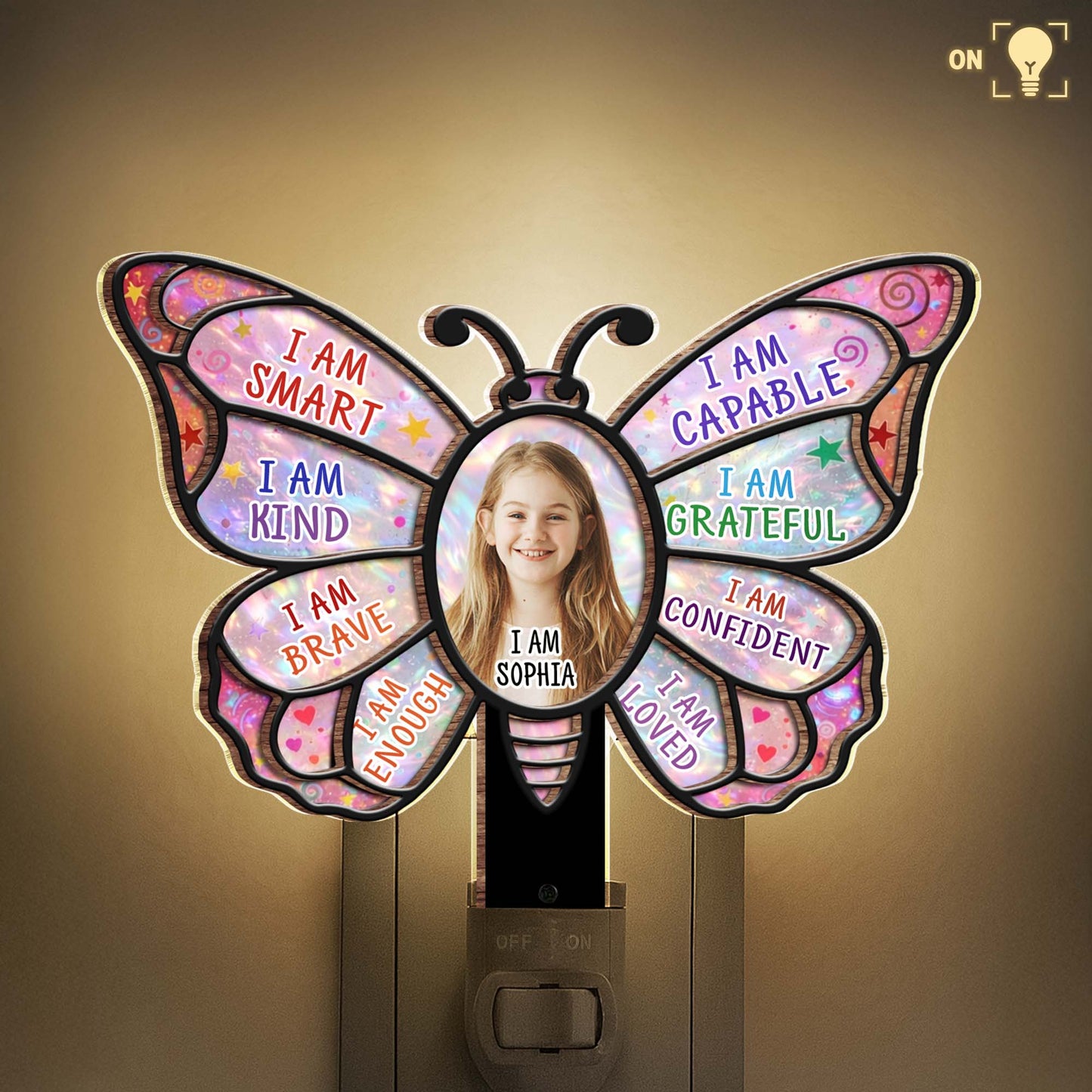I Am Smart Kind Brave Butterfly Affirmations With Custom Photo - Personalized Custom Wood and Acrylic Night Light - KID580_WANILI