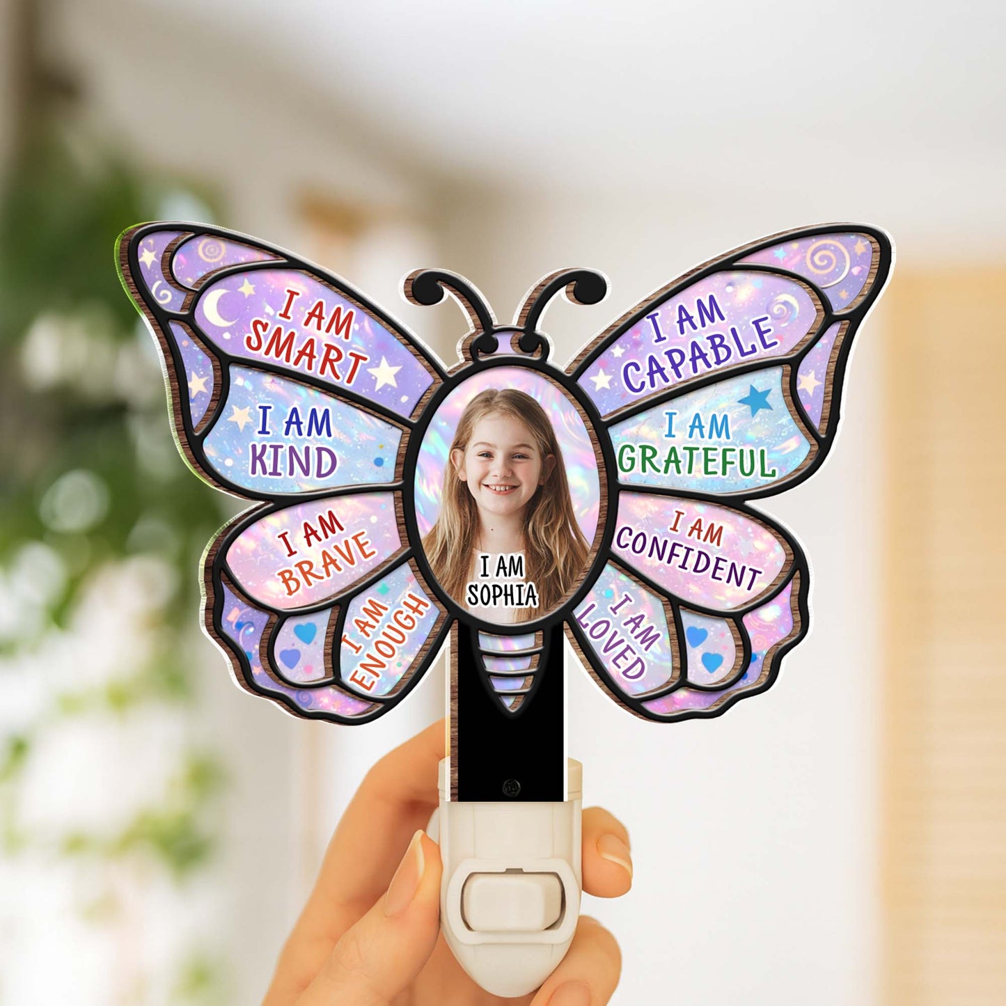 I Am Smart Kind Brave Butterfly Affirmations With Custom Photo - Personalized Custom Wood and Acrylic Night Light - KID580_WANILI