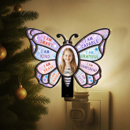 I Am Smart Kind Brave Butterfly Affirmations With Custom Photo - Personalized Custom Wood and Acrylic Night Light - KID580_WANILI