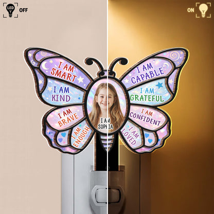 I Am Smart Kind Brave Butterfly Affirmations With Custom Photo - Personalized Custom Wood and Acrylic Night Light - KID580_WANILI