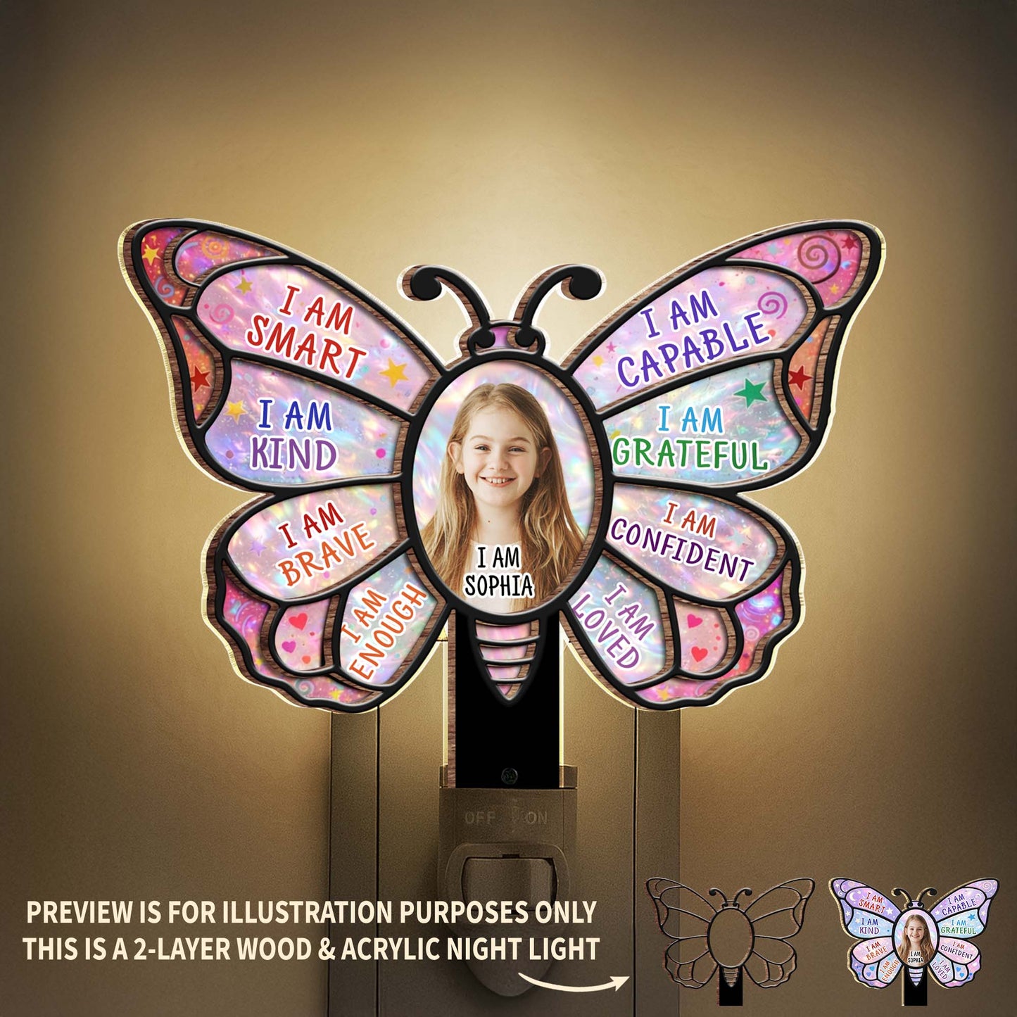 I Am Smart Kind Brave Butterfly Affirmations With Custom Photo - Personalized Custom Wood and Acrylic Night Light - KID580_WANILI