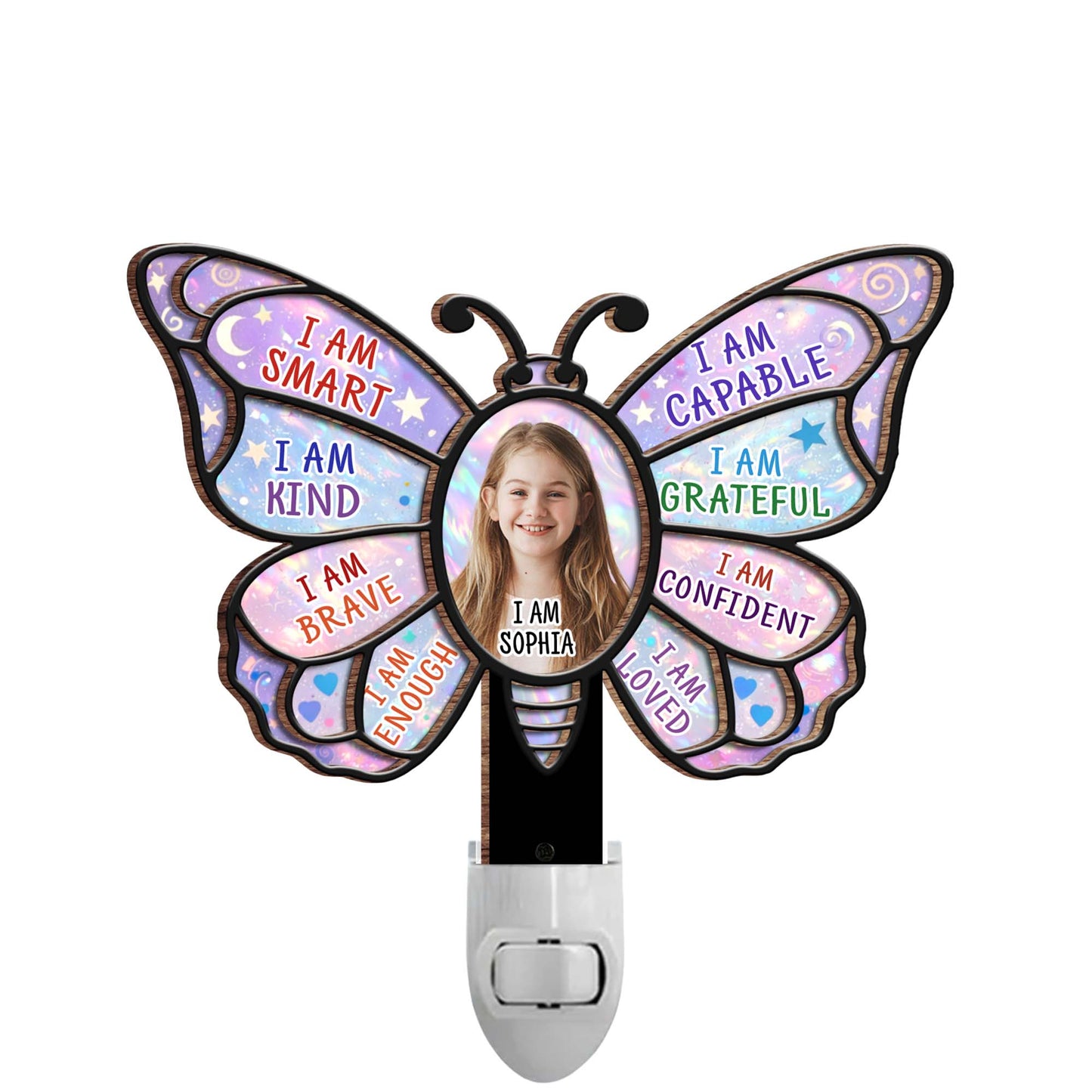 I Am Smart Kind Brave Butterfly Affirmations With Custom Photo - Personalized Custom Wood and Acrylic Night Light - KID580_WANILI