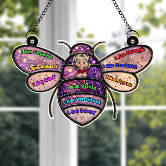 I Am Capable Smart Kind Enough Brave Bee Affirmations For Kids - Personalized Custom Suncatcher - KID598_CSUN