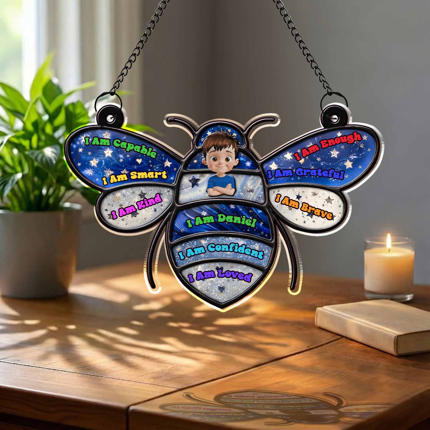 I Am Capable Smart Kind Enough Brave Bee Affirmations For Kids - Personalized Custom Suncatcher - KID598_CSUN