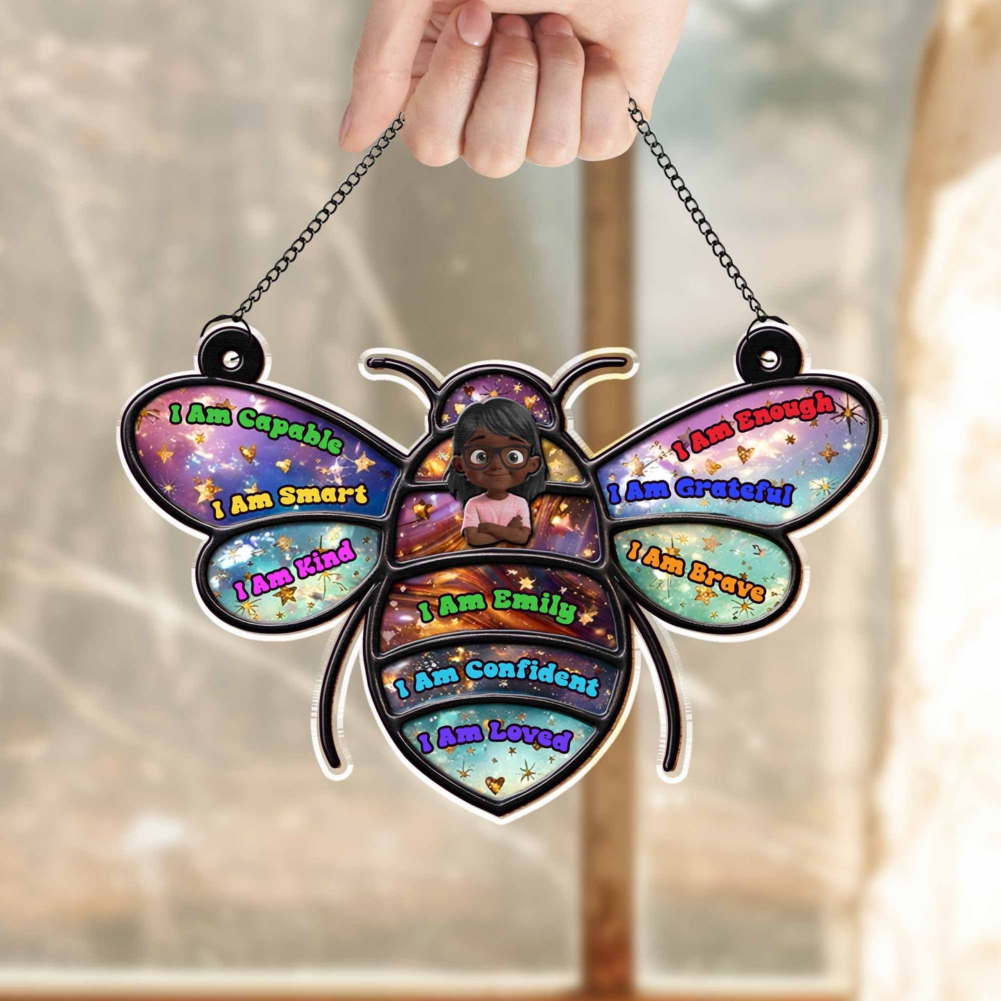 I Am Capable Smart Kind Enough Brave Bee Affirmations For Kids - Personalized Custom Suncatcher - KID598_CSUN