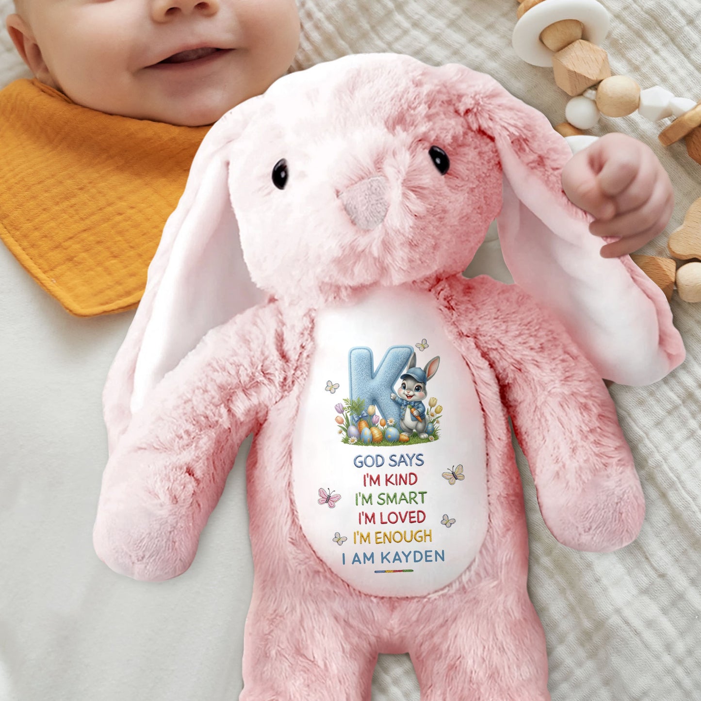 God Says I Am Kind Smart Loved Enough With Easter Bunny And Eggs - Personalized Stuffed Bunny - KID613_BUN