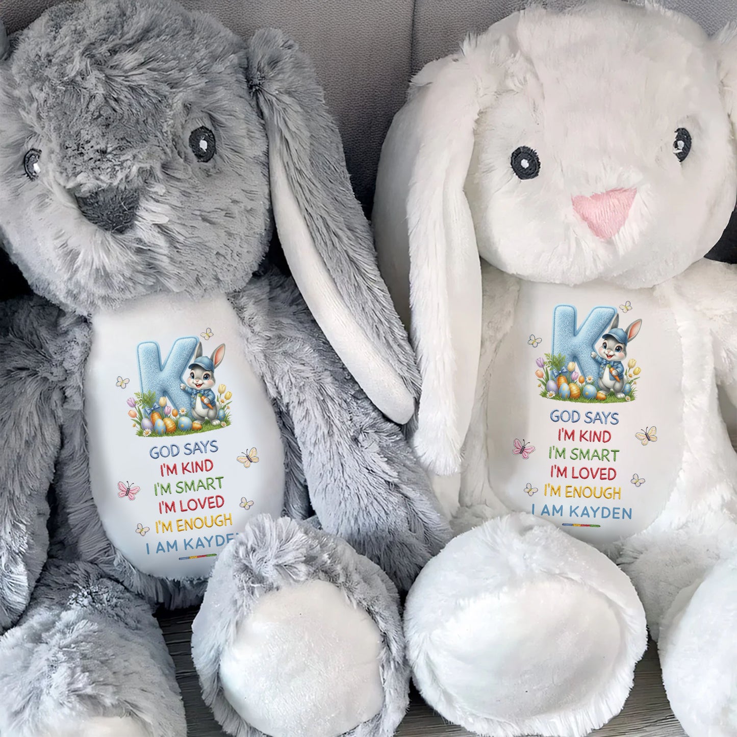 God Says I Am Kind Smart Loved Enough With Easter Bunny And Eggs - Personalized Stuffed Bunny - KID613_BUN