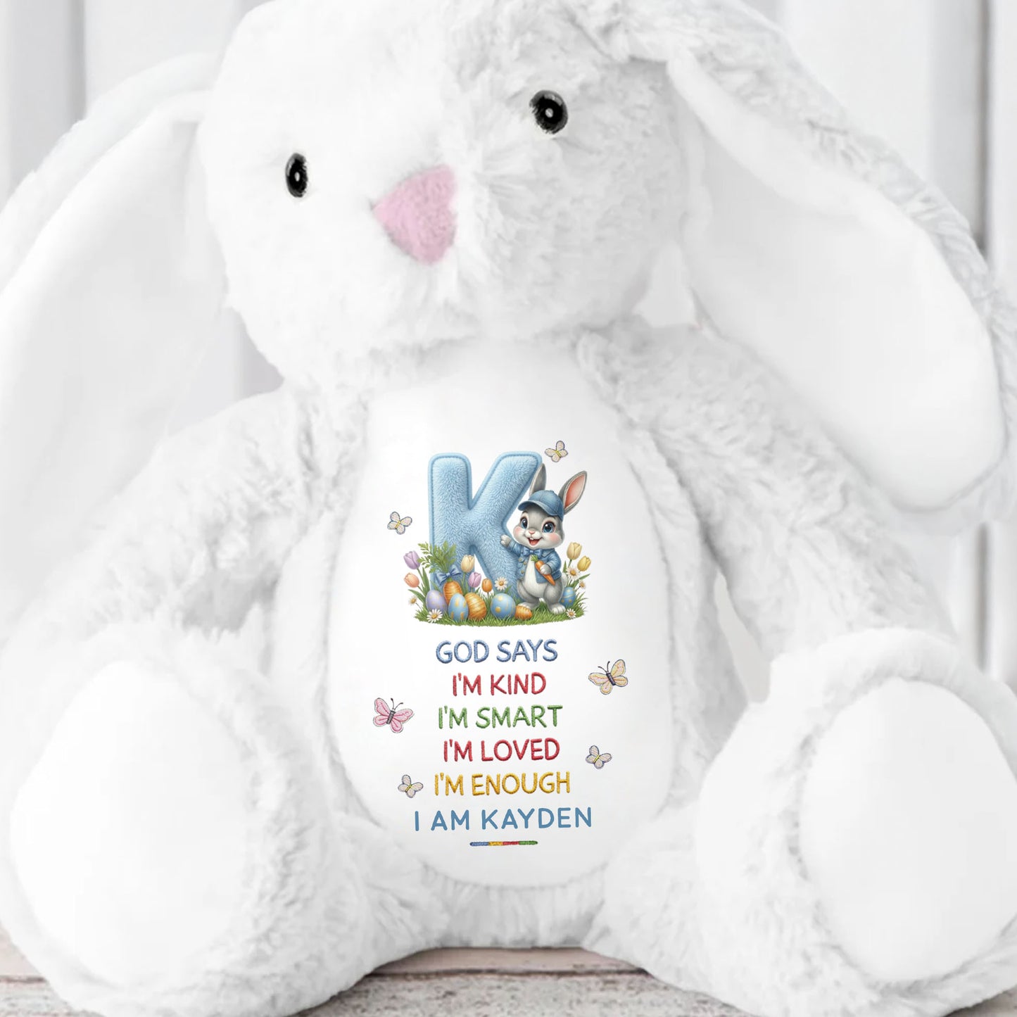 God Says I Am Kind Smart Loved Enough With Easter Bunny And Eggs - Personalized Stuffed Bunny - KID613_BUN