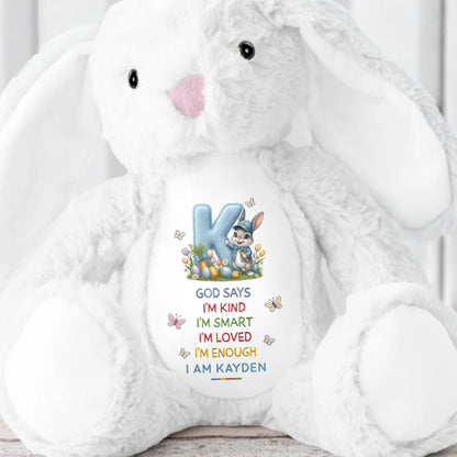 God Says I Am Kind Smart Loved Enough With Easter Bunny And Eggs - Personalized Stuffed Bunny - KID613_BUN