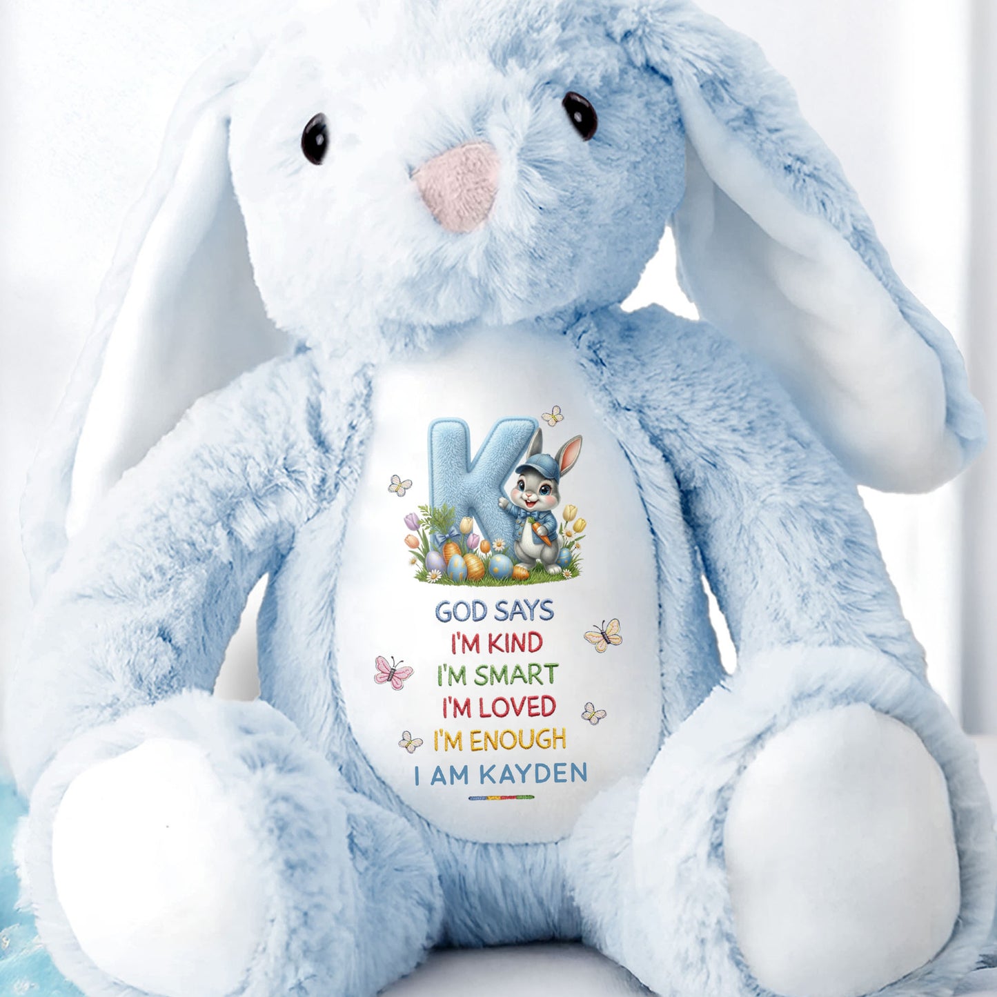 God Says I Am Kind Smart Loved Enough With Easter Bunny And Eggs - Personalized Stuffed Bunny - KID613_BUN