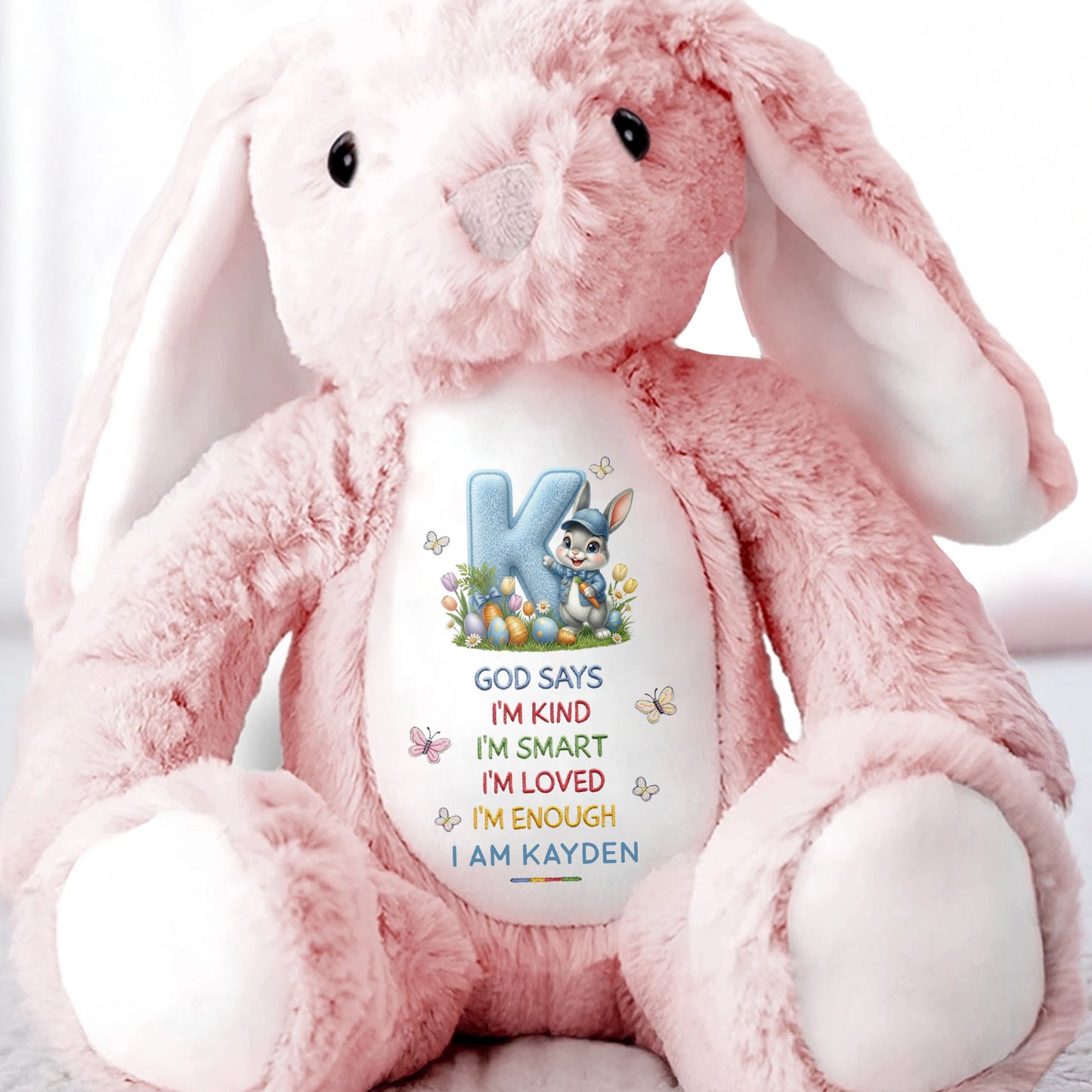 God Says I Am Kind Smart Loved Enough With Easter Bunny And Eggs - Personalized Stuffed Bunny - KID613_BUN