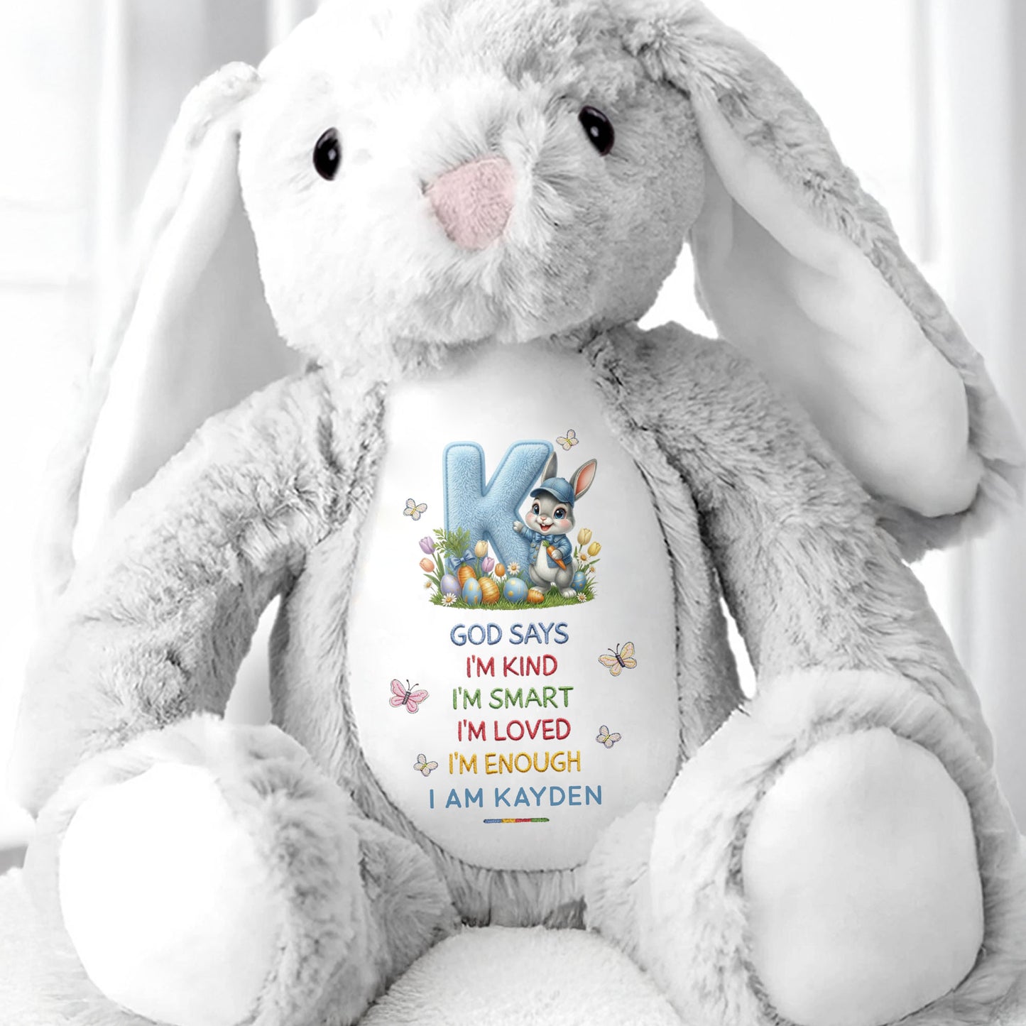 God Says I Am Kind Smart Loved Enough With Easter Bunny And Eggs - Personalized Stuffed Bunny - KID613_BUN