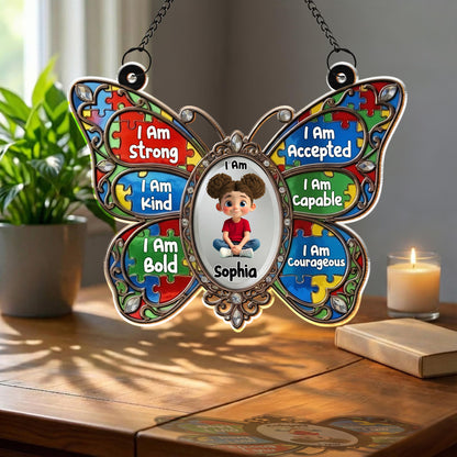 I Am Strong Kind Bold Affirmations Butterfly With Puzzle Pieces - Personalized Custom Suncatcher - KID622_CSUN