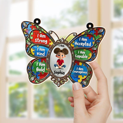 I Am Strong Kind Bold Affirmations Butterfly With Puzzle Pieces - Personalized Custom Suncatcher - KID622_CSUN