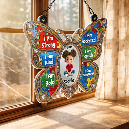 I Am Strong Kind Bold Affirmations Butterfly With Puzzle Pieces - Personalized Custom Suncatcher - KID622_CSUN