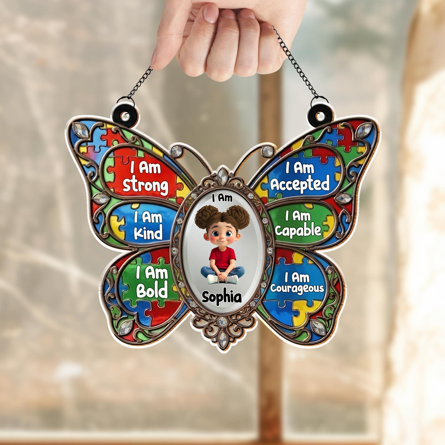 I Am Strong Kind Bold Affirmations Butterfly With Puzzle Pieces - Personalized Custom Suncatcher - KID622_CSUN