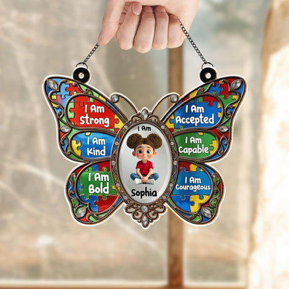 I Am Strong Kind Bold Affirmations Butterfly With Puzzle Pieces - Personalized Custom Suncatcher - KID622_CSUN