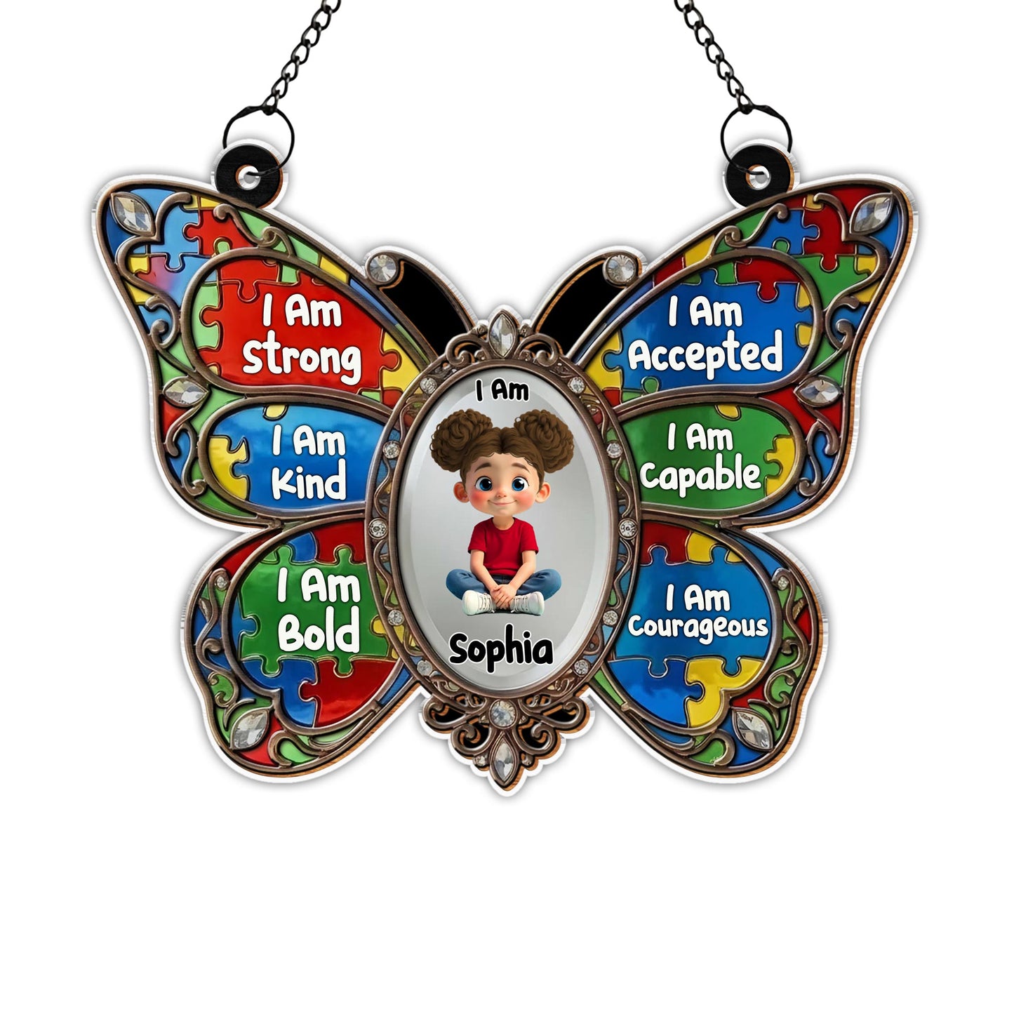 I Am Strong Kind Bold Affirmations Butterfly With Puzzle Pieces - Personalized Custom Suncatcher - KID622_CSUN