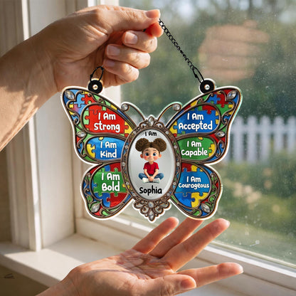 I Am Strong Kind Bold Affirmations Butterfly With Puzzle Pieces - Personalized Custom Suncatcher - KID622_CSUN